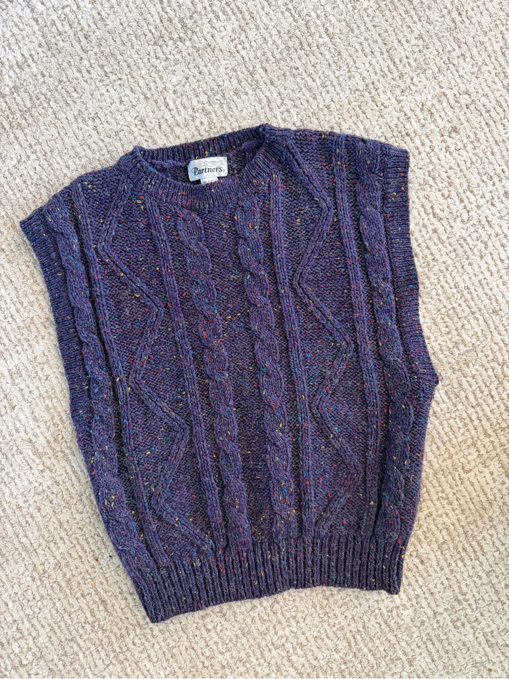 Purple Cable-Knit Sweater Vest with Multicolor Fleck